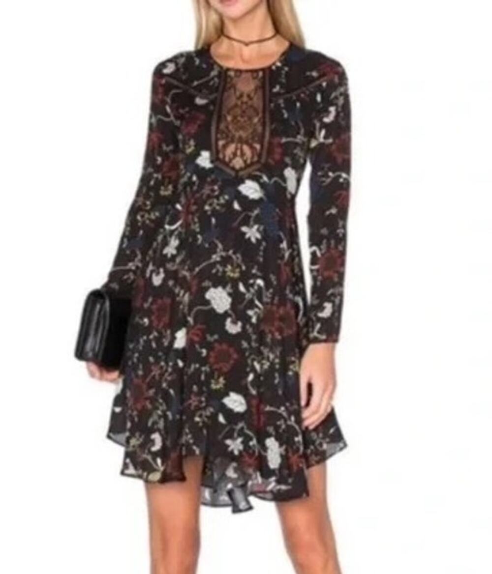 A.L.C. Black Blue Red Cynthia Floral Silk Long Sleeve Dress Size 6